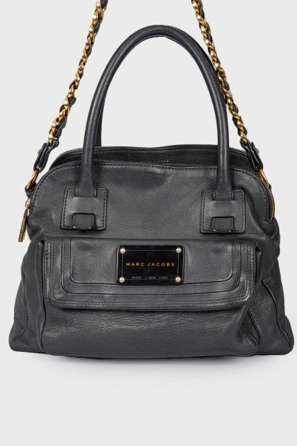 Leather bag with a brand's logo
