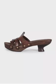 Brown leather mules with wooden soles