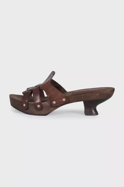 Brown leather mules with wooden soles