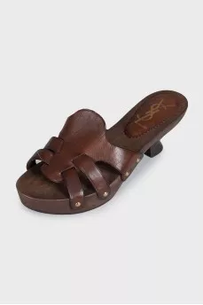 Brown leather mules with wooden soles