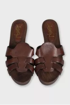 Brown leather mules with wooden soles