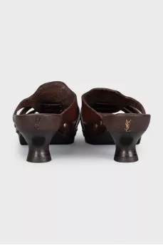Brown leather mules with wooden soles