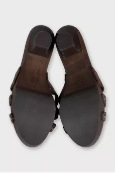 Brown leather mules with wooden soles