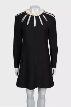 Wool and silk dress with leather trim