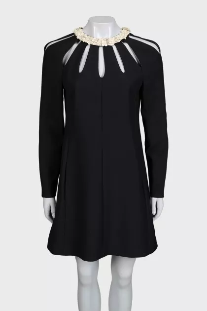 Wool and silk dress with leather trim