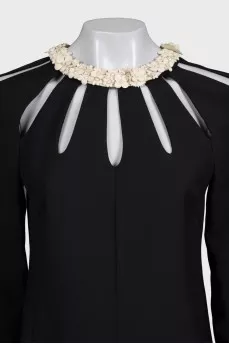 Wool and silk dress with leather trim