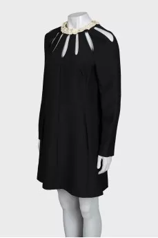 Wool and silk dress with leather trim