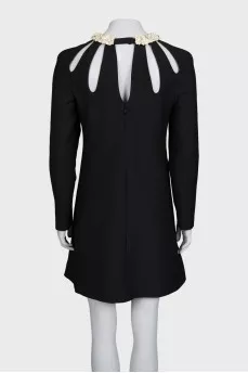 Wool and silk dress with leather trim