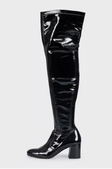 Black patent leather over-the-knee boots