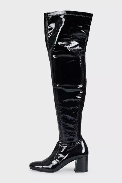 Black patent leather over-the-knee boots