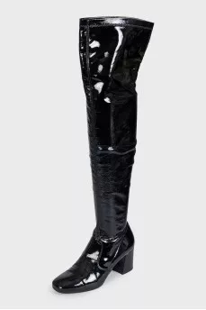 Black patent leather over-the-knee boots