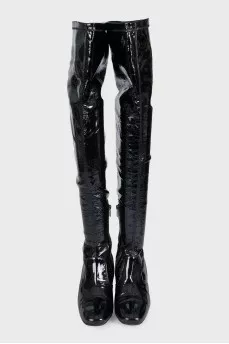 Black patent leather over-the-knee boots