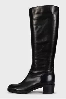 Black leather mid-heel boots