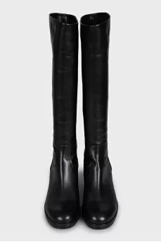 Black leather mid-heel boots