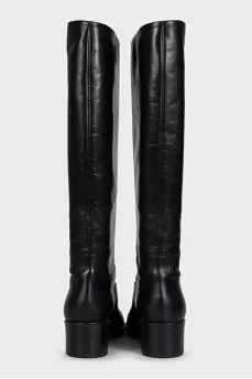 Black leather mid-heel boots