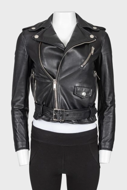 Leather asymmetrical zippered jacket