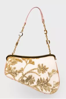Сумка Dior Gold/Pink Embroidered Satin Limited Edition 0226 Mini Saddle Bag