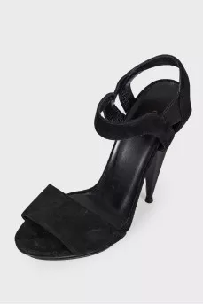 Suede sandals with figured heel