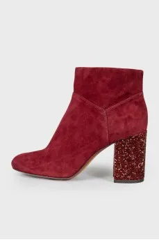 Suede ankle boots with rhinestone heel and tag