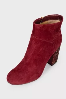 Suede ankle boots with rhinestone heel and tag